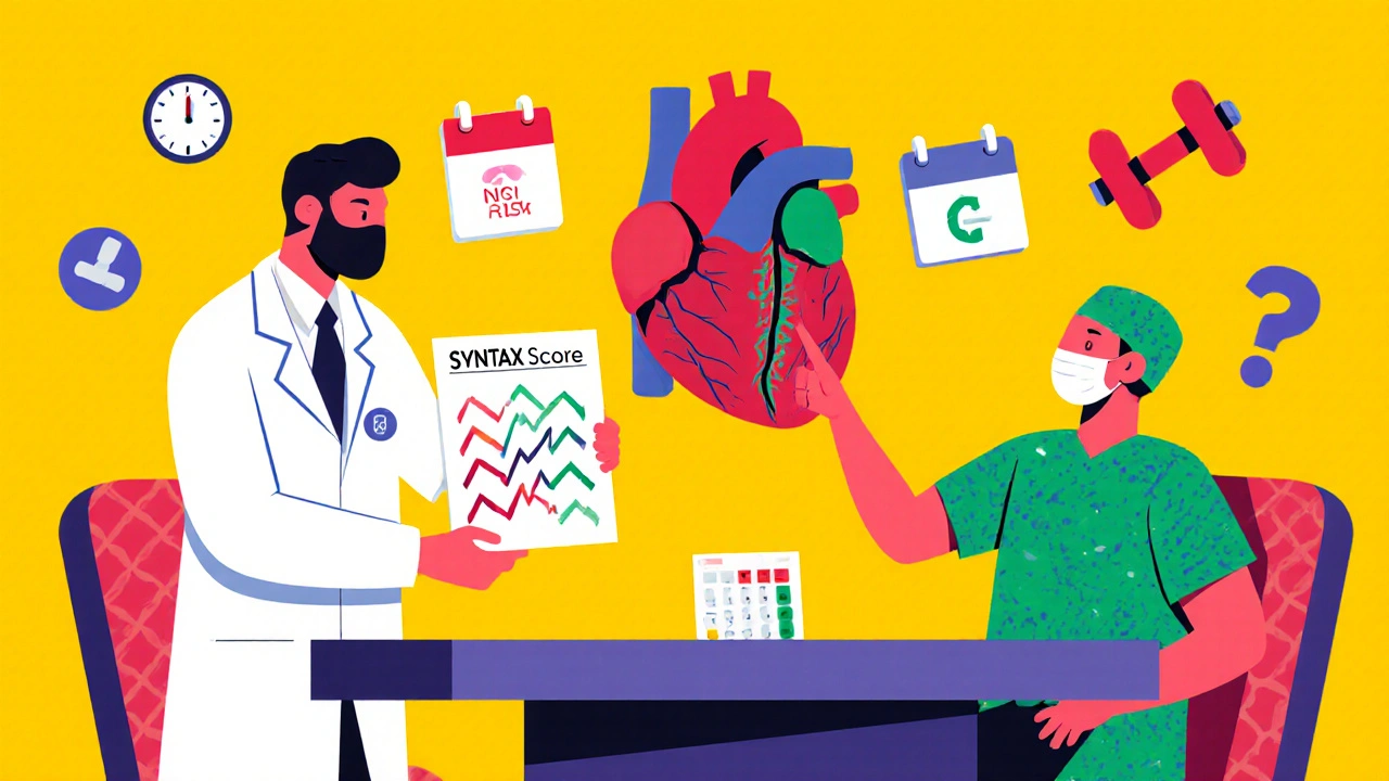 Heart team reviewing SYNTAX score with geometric icons representing health factors
