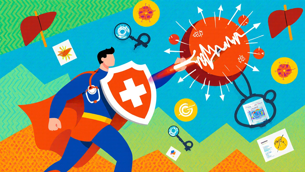 Medical superhero defeating a blood clot with anticoagulant laser in bold Memphis Design patterns.