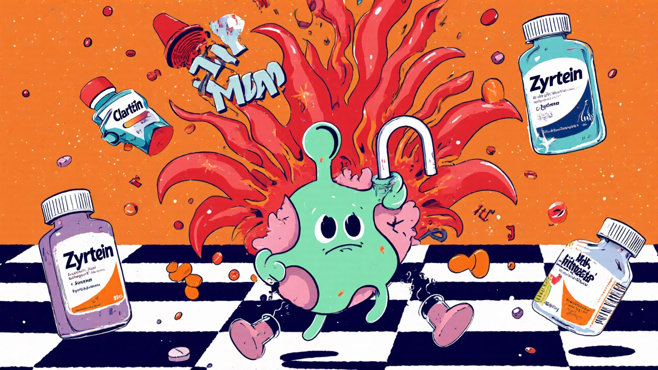 Molecular key turning receptor wrong way, releasing histamine storm in colorful cartoon style.