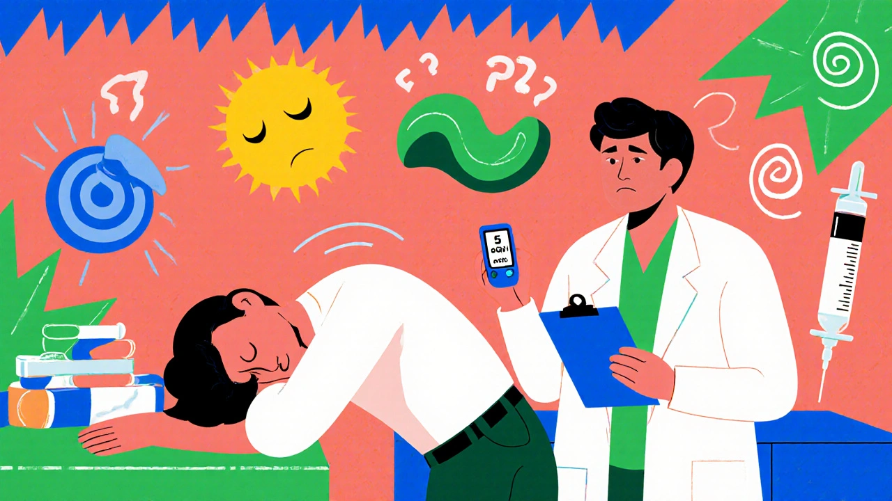 Patient collapsing amid floating symptoms like fatigue and nausea, with a doctor holding a low cortisol reading and emergency syringe nearby.