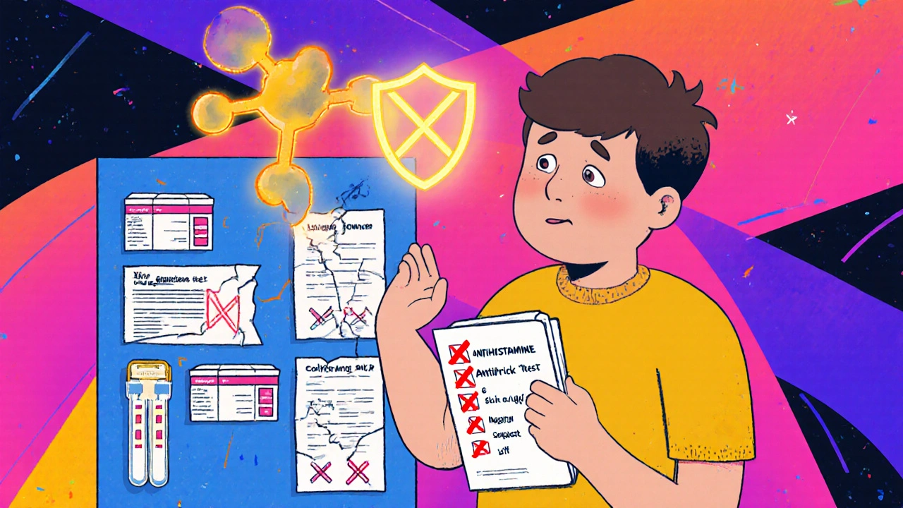 Patient with list of failed antihistamines, futuristic drug symbol glowing above.