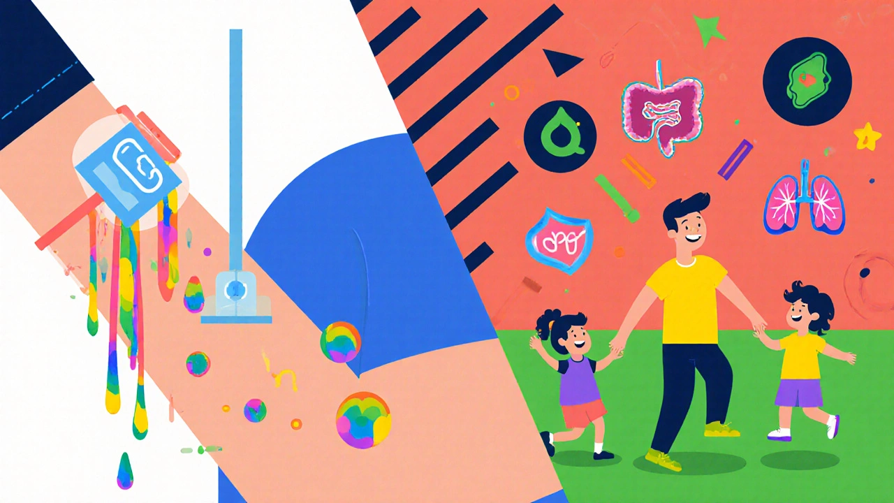 Person receiving IVIG infusion while enjoying park time, shown in bold Memphis geometric patterns