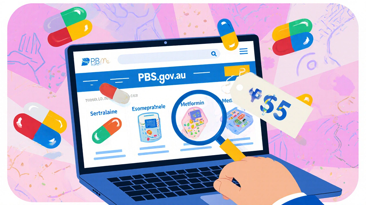Person searching PBS website with floating generic drug names and price drop animation