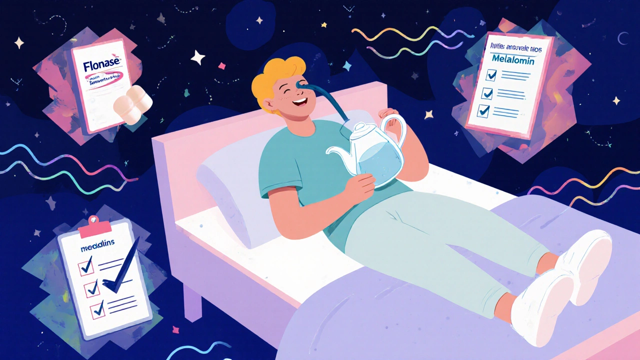 Person using nasal rinse in bed, relaxed legs glowing, surrounded by safe allergy remedies in Memphis style.