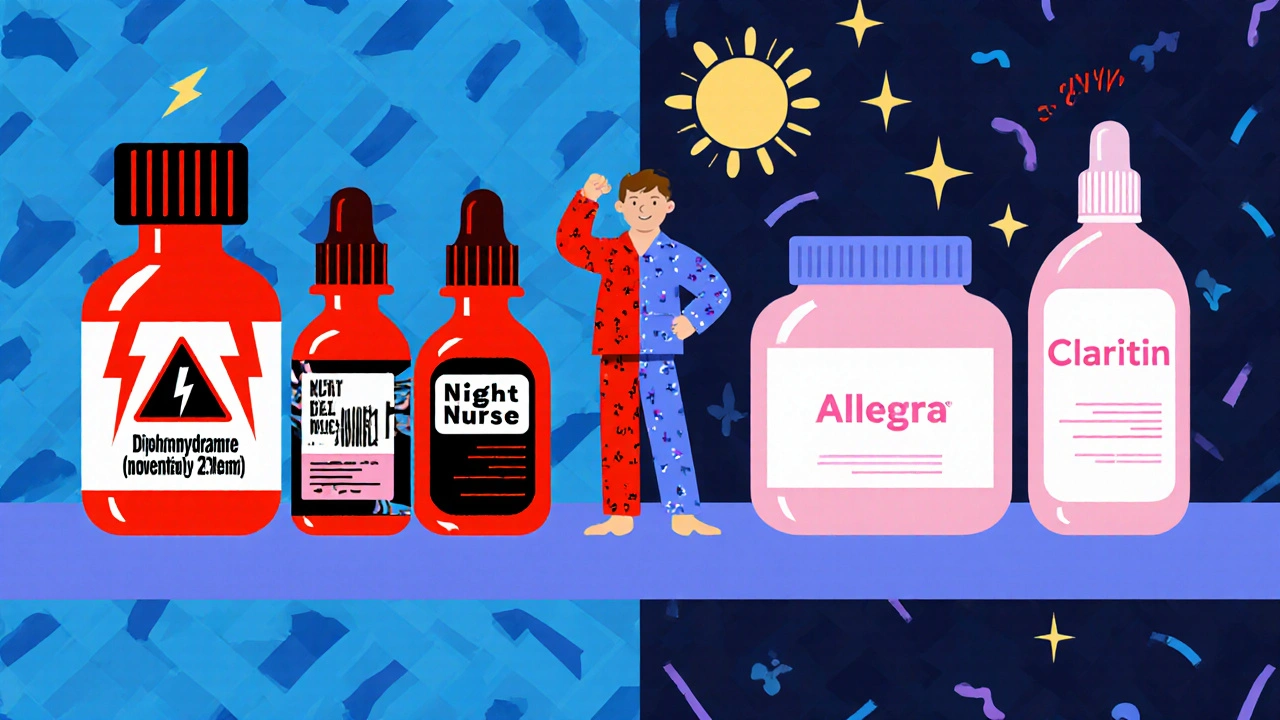 Pharmacy shelf divided: dangerous antihistamines on left, safe ones on right, colorful Memphis design.