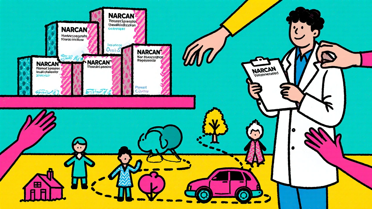 Pharmacy shelf with NARCAN boxes and floating hands reaching for them, footprints leading to home, car, park