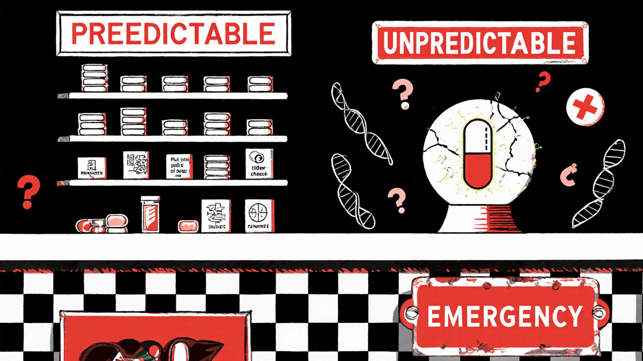 Pharmacy shelves contrasting predictable drug safety with unpredictable risks in vibrant Memphis geometric style.