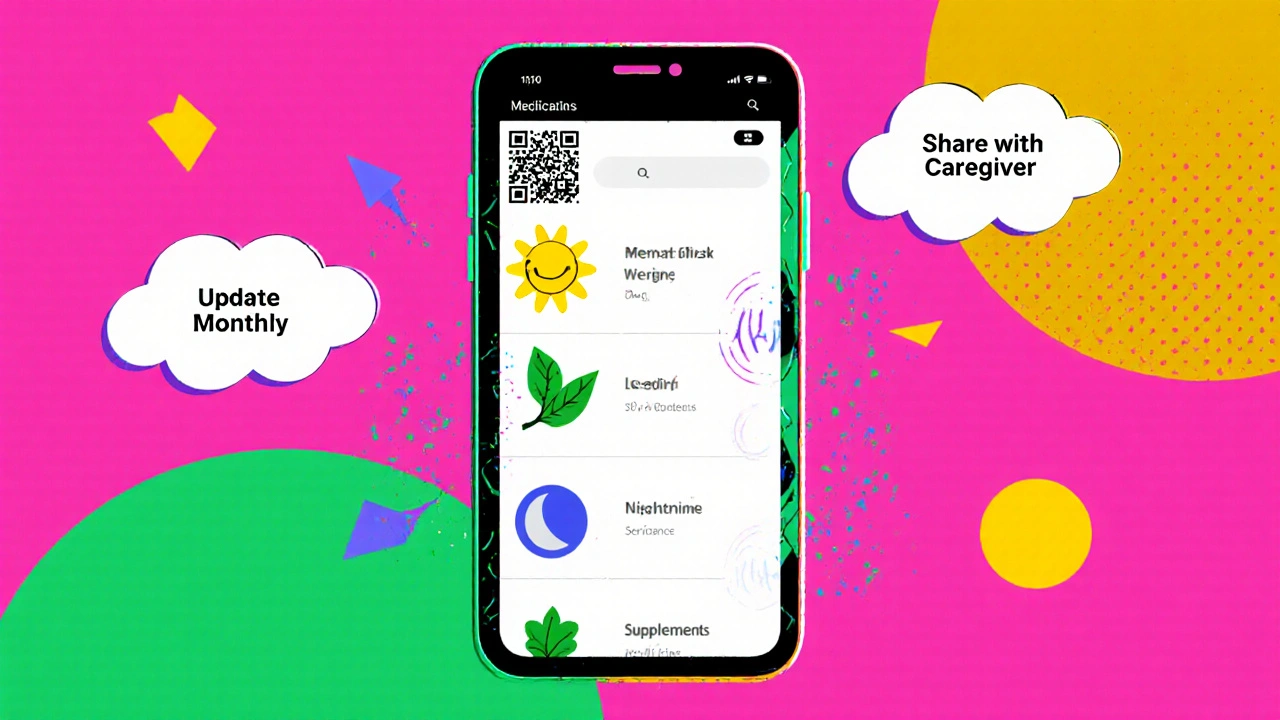 Smartphone displaying a stylized digital medication template with QR code and icons