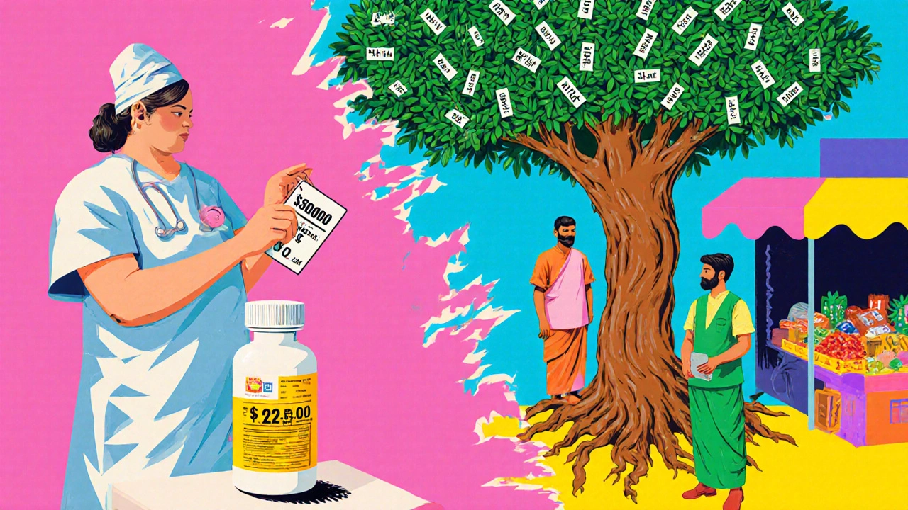 Split image: high-cost U.S. drug vs. affordable generic in India, with a patent tree on one side and simple roots on the other.