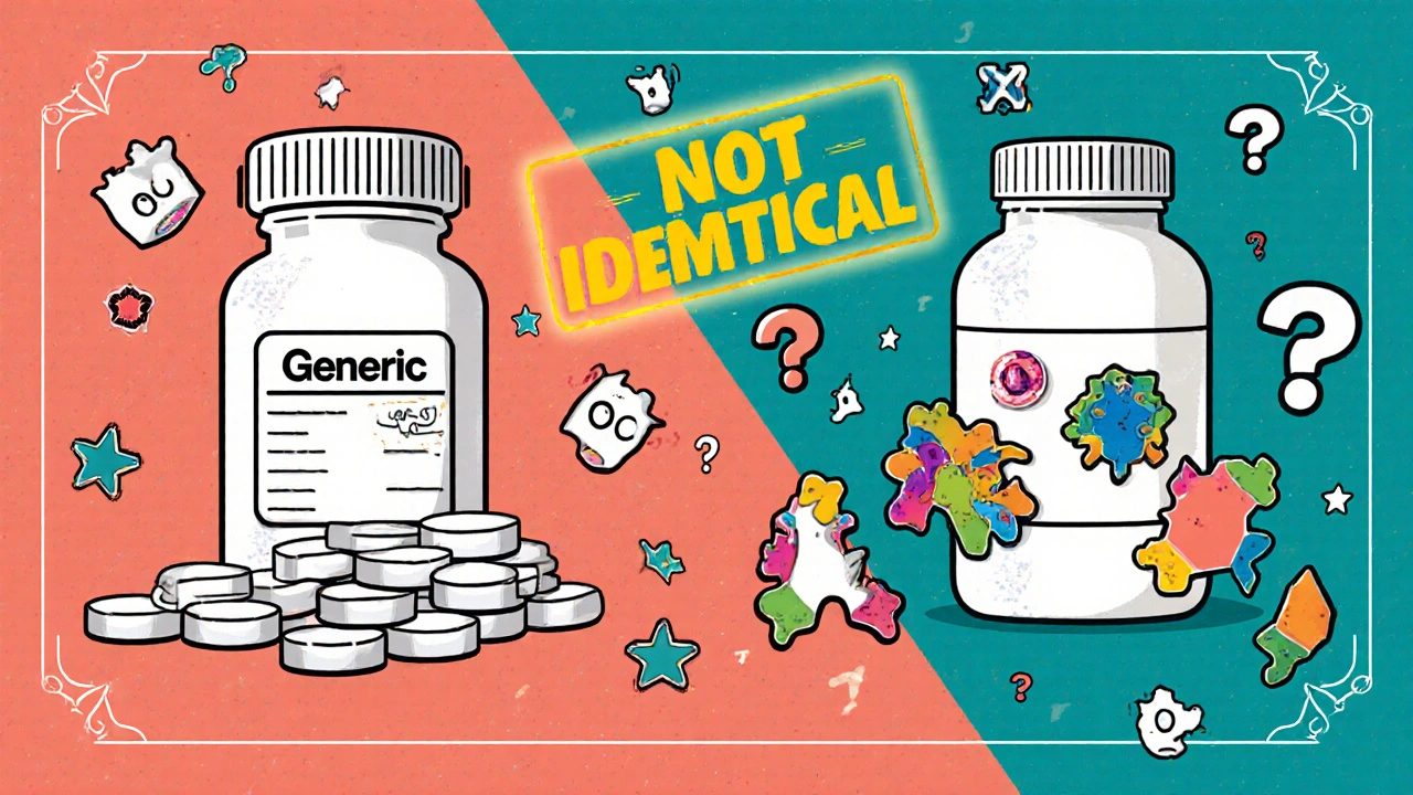 Split-panel comparison of generic pills and biosimilar proteins with Memphis design patterns and &#039;NOT IDENTICAL&#039; stamp