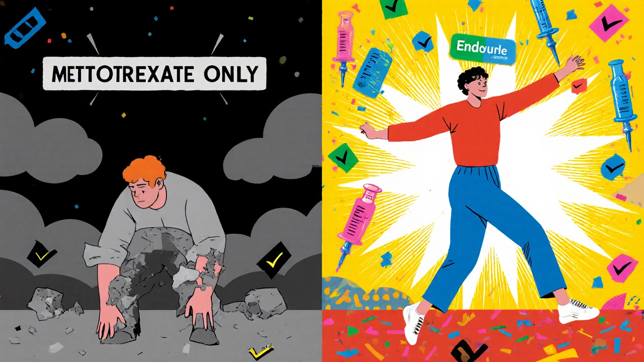 Split scene: left side shows pain and crumbling joints, right side shows joy and bright biologic drugs restoring mobility.