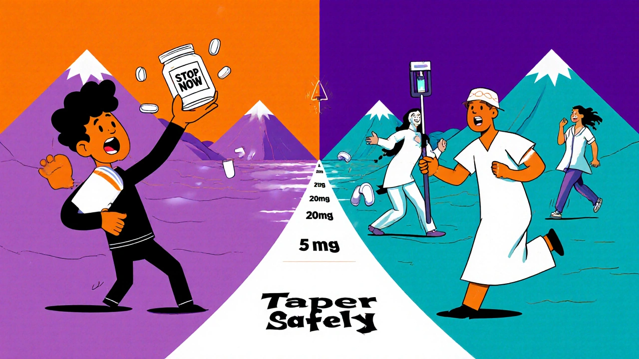 Split scene: person discarding pills vs. same person in hospital receiving emergency treatment, connected by a tapering path with dosage markers.