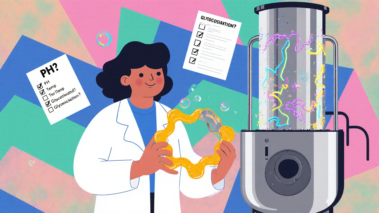 Stylized lab scene with a technician holding a giant protein molecule amid glowing bioreactors and geometric checklists