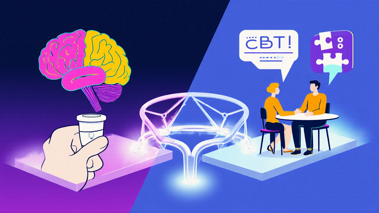 Two paths—one with a pill and brain chemistry, one with therapy—converge into a glowing bridge of connected shapes.