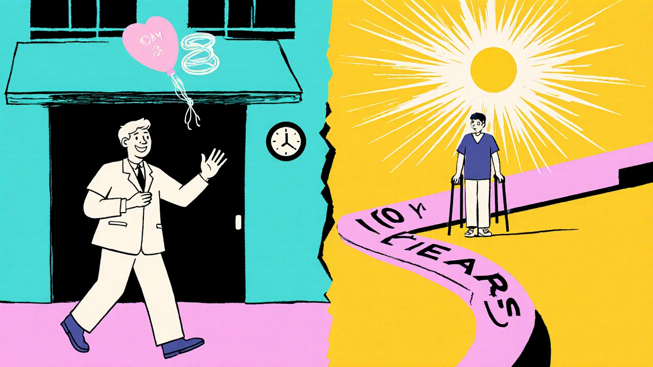 Two patient recovery paths: quick PCI return vs. long-term CABG healing