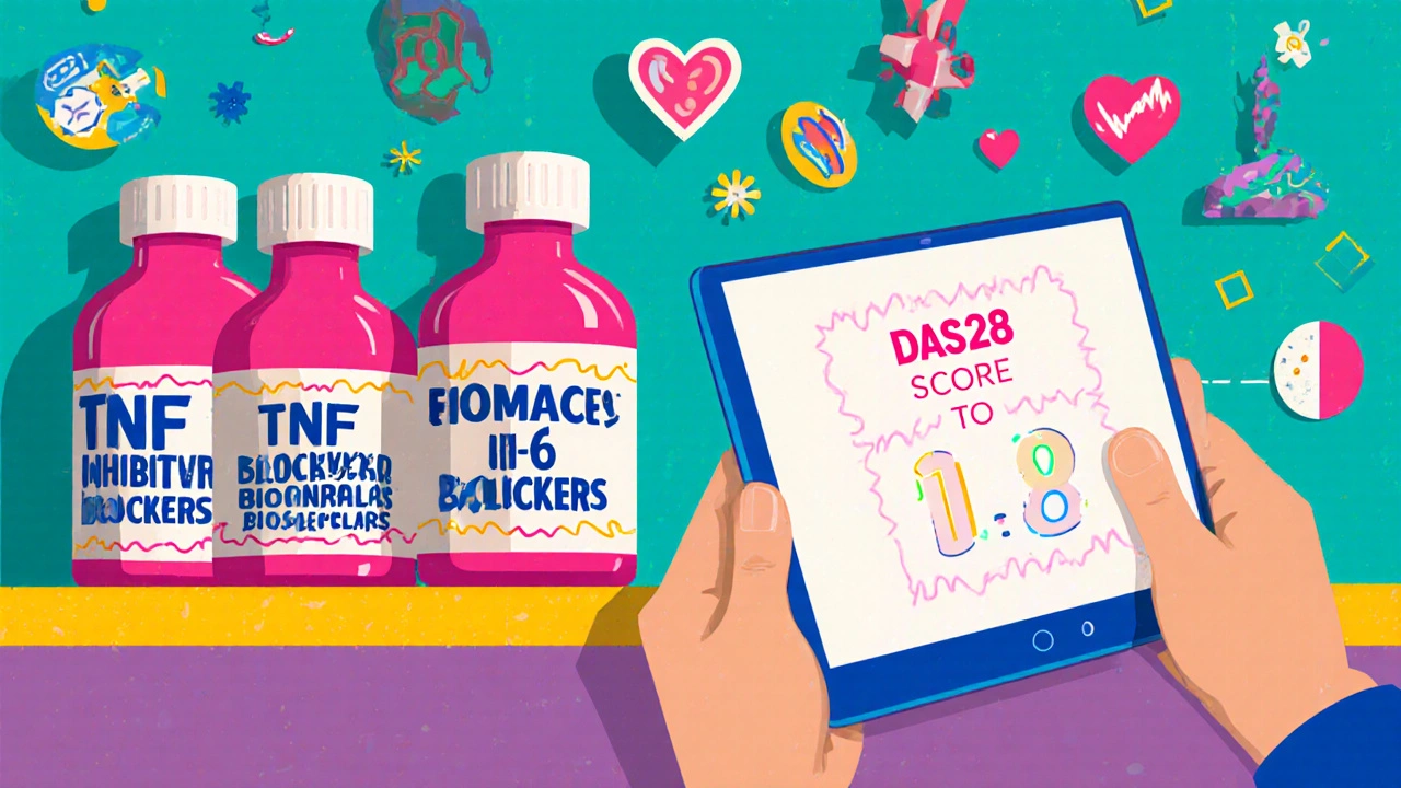 Vibrant Memphis-style pharmacy shelf with biologic drugs and a patient’s DAS28 score dropping to remission levels.