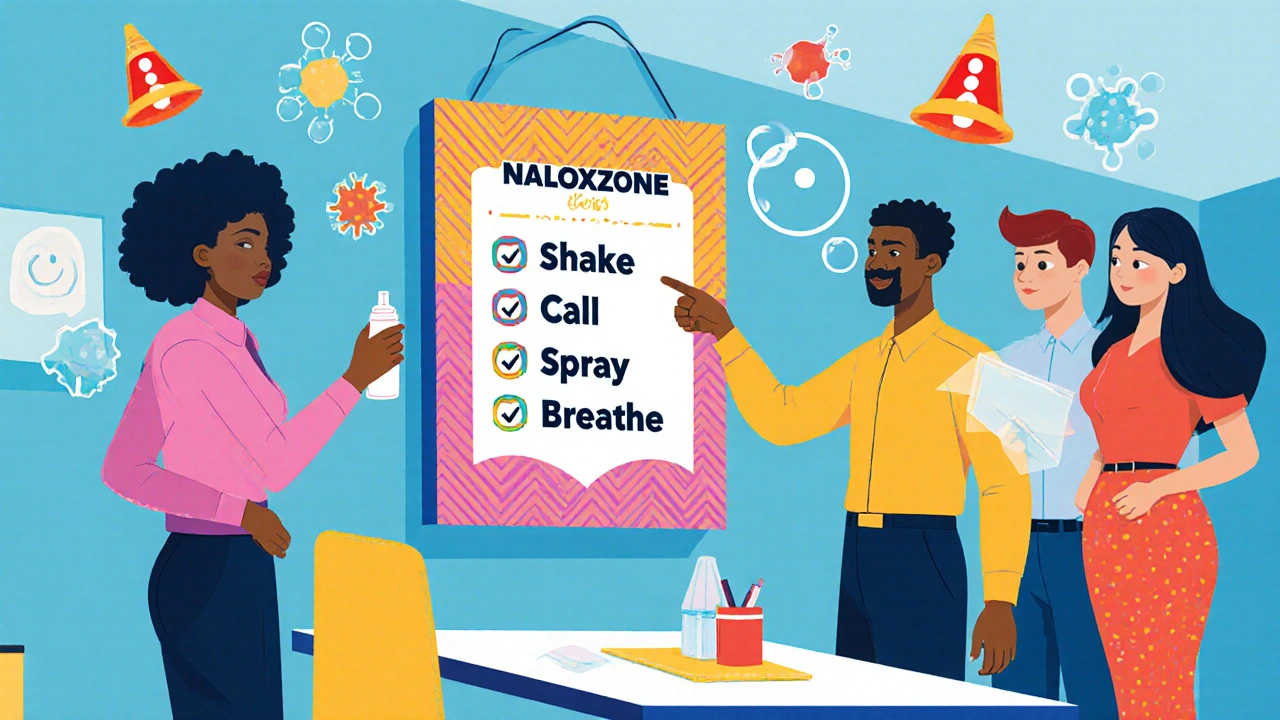 Workplace breakroom with wall-mounted naloxone kit and illustrated emergency steps in bold Memphis style