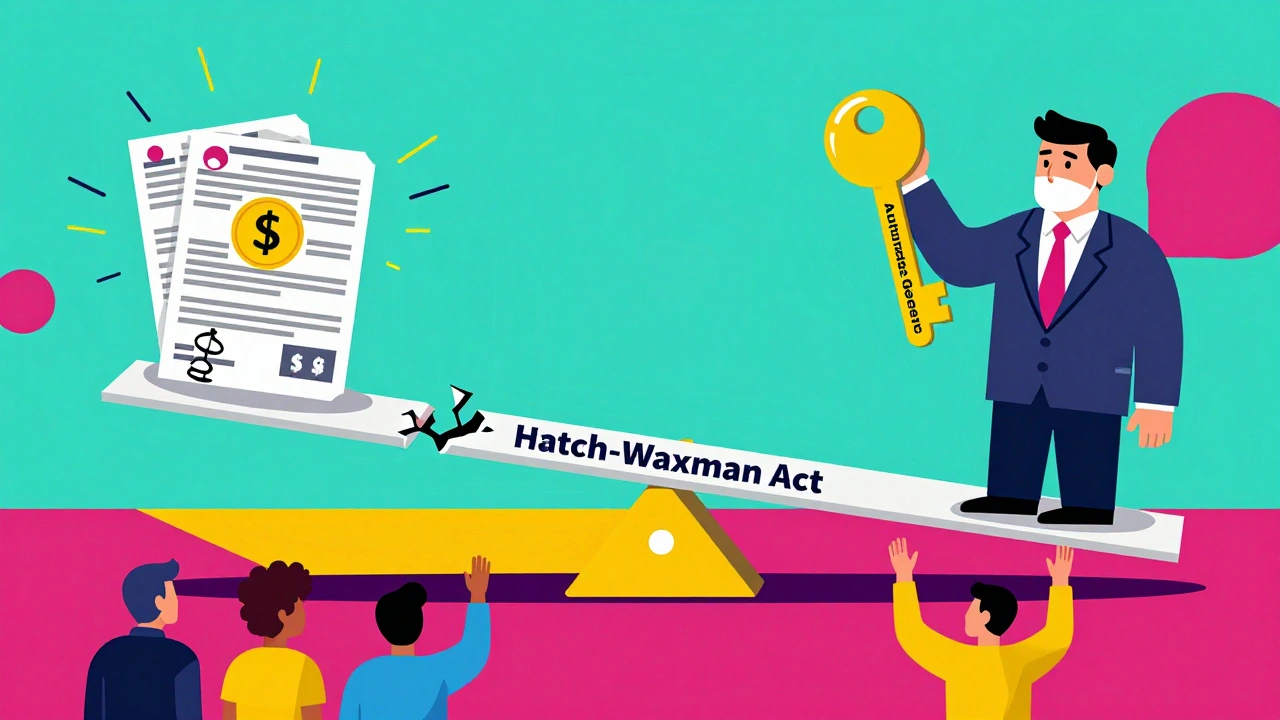 A broken seesaw shows generic companies weighed down by debt while brand companies profit from authorized copies.