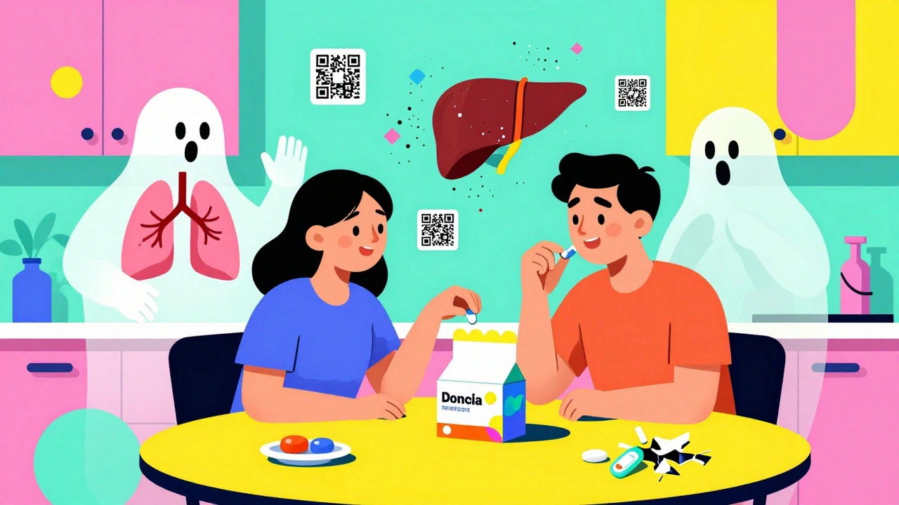 A family takes a pill as ghostly organs crumble, with fake packaging icons floating around in Memphis design.