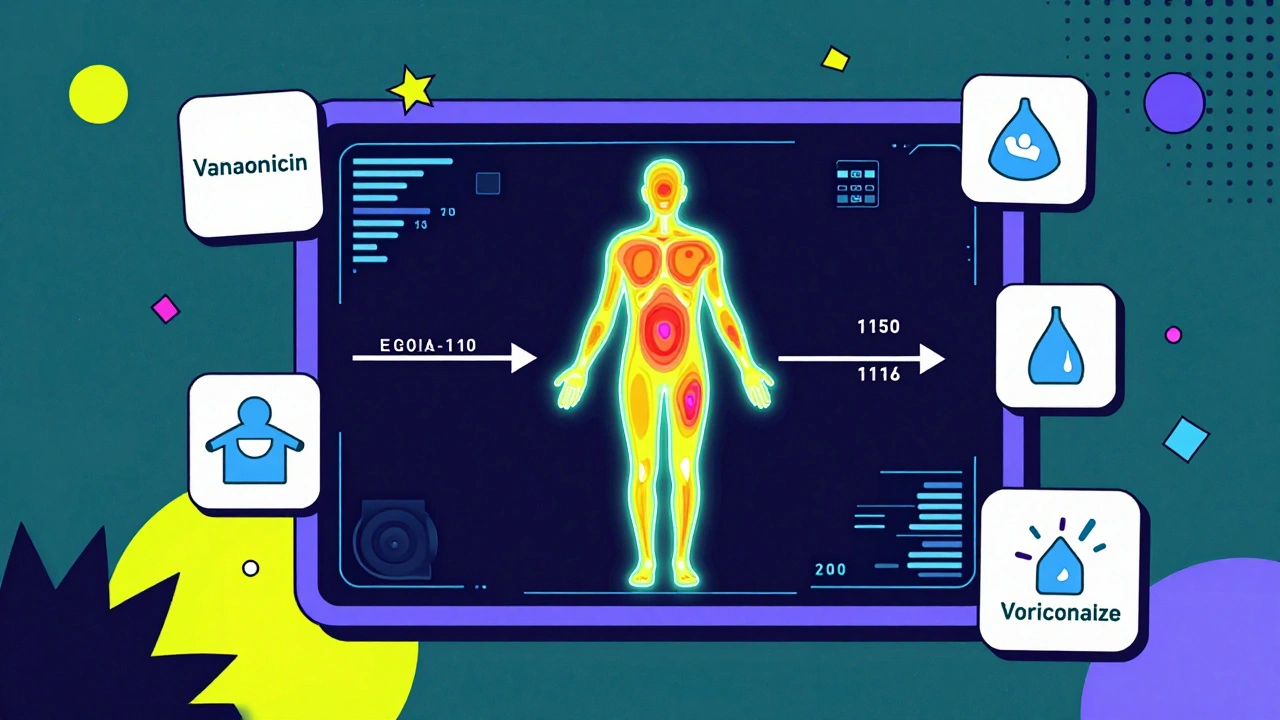 A futuristic body scan with heat-map fat distribution and AI dose arrows, surrounded by floating medication icons in vibrant geometric style.