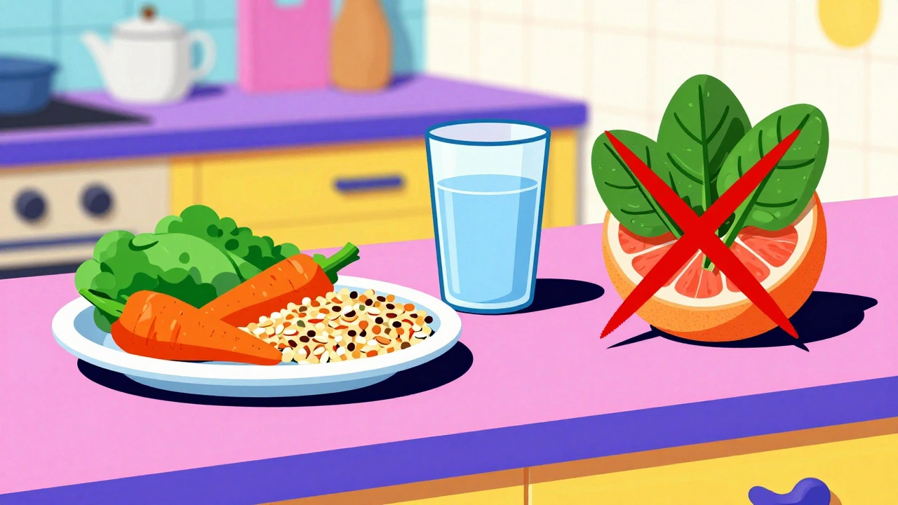 A kitchen counter with healthy foods and crossed-out grapefruit and spinach in bold Memphis style.