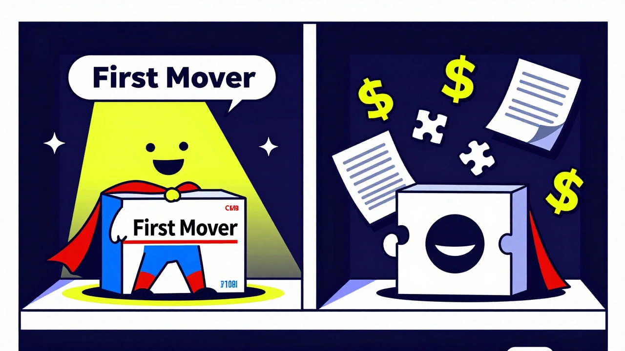 A lone generic drug box on a pharmacy shelf is overshadowed by an identical copy with a hidden brand logo.