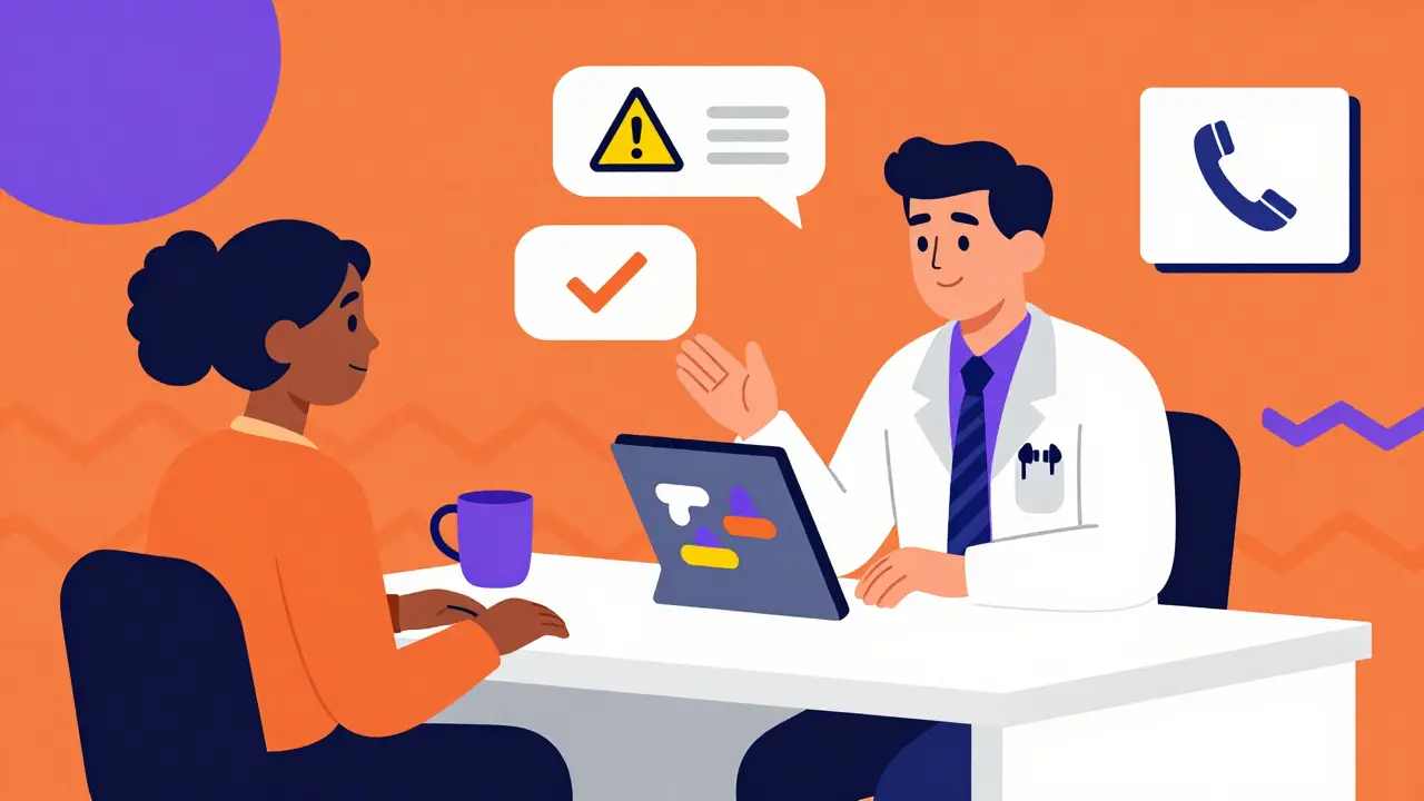 A patient and advocate sitting with a doctor, discussing meds using a tablet with abstract warning icons in a vibrant clinic setting.