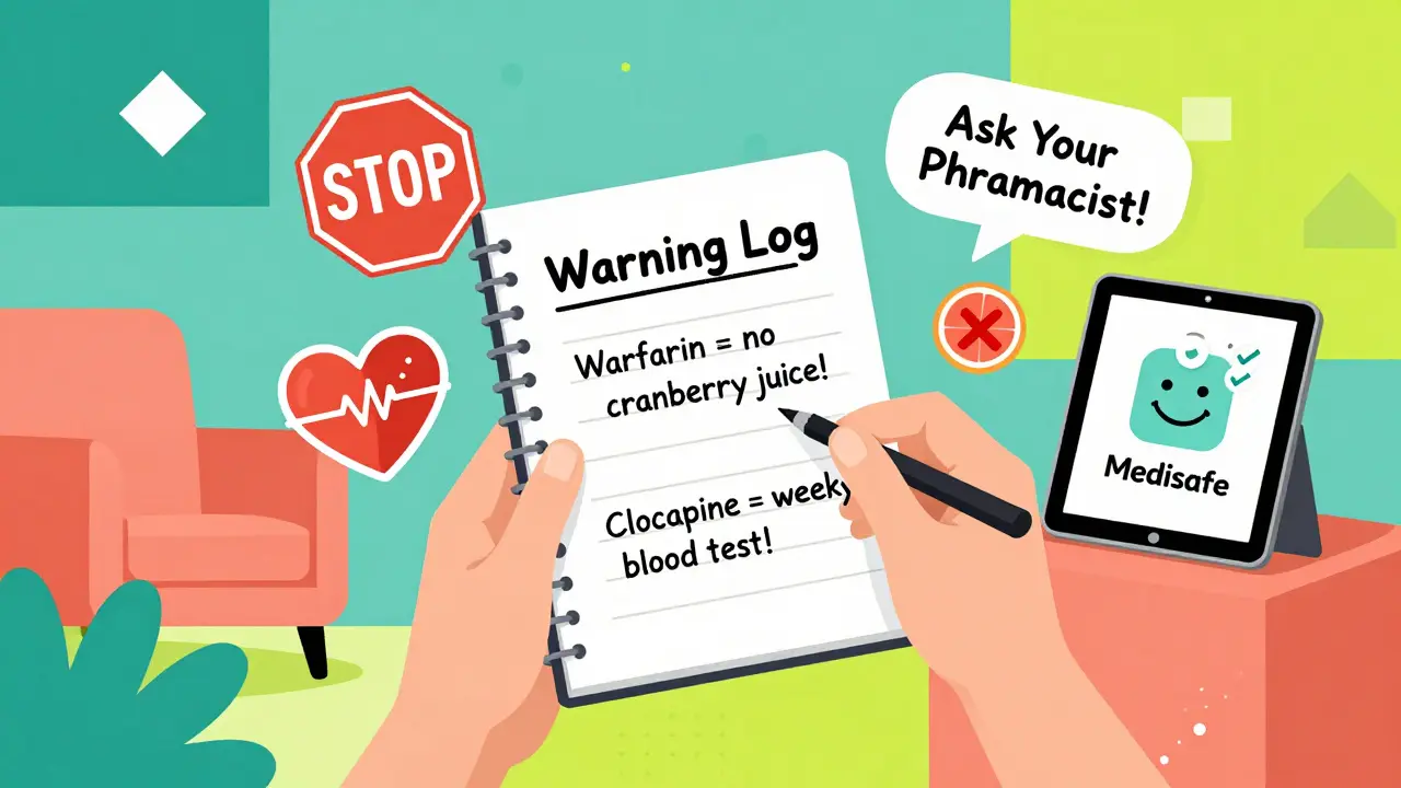 A patient holding a warning log with cartoon icons of medications and safety reminders in vibrant Memphis style.