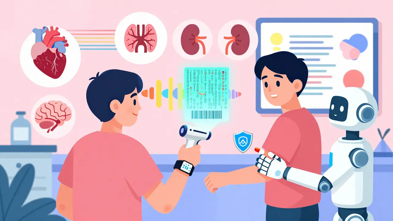 A patient in a high-tech clinic receiving a personalized NTI drug dose via barcode scan, with floating health icons and geometric patterns.