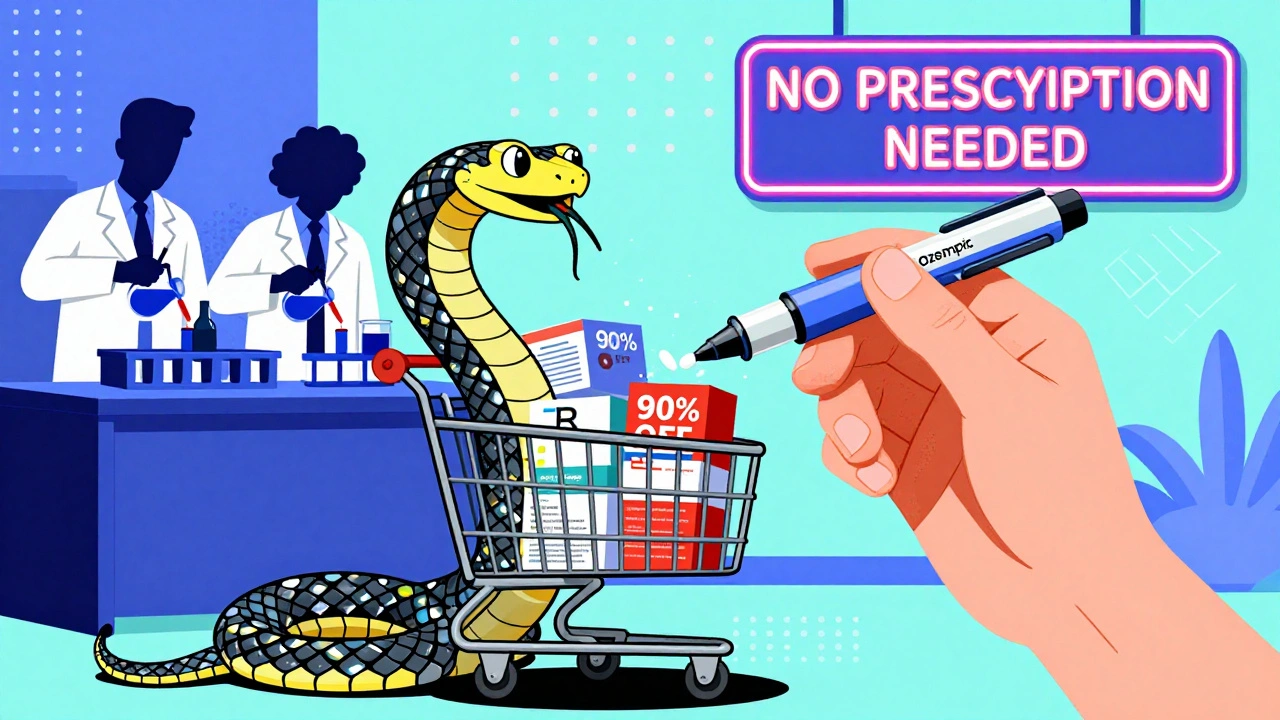 A person holds a fake Ozempic pen that turns into a snake, surrounded by online pharmacy boxes in Memphis style.