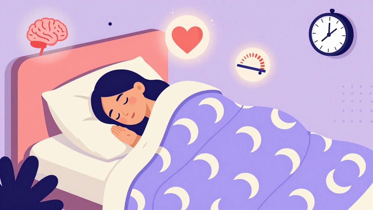 A person sleeping peacefully in a room with sleep-themed geometric patterns and glowing icons.