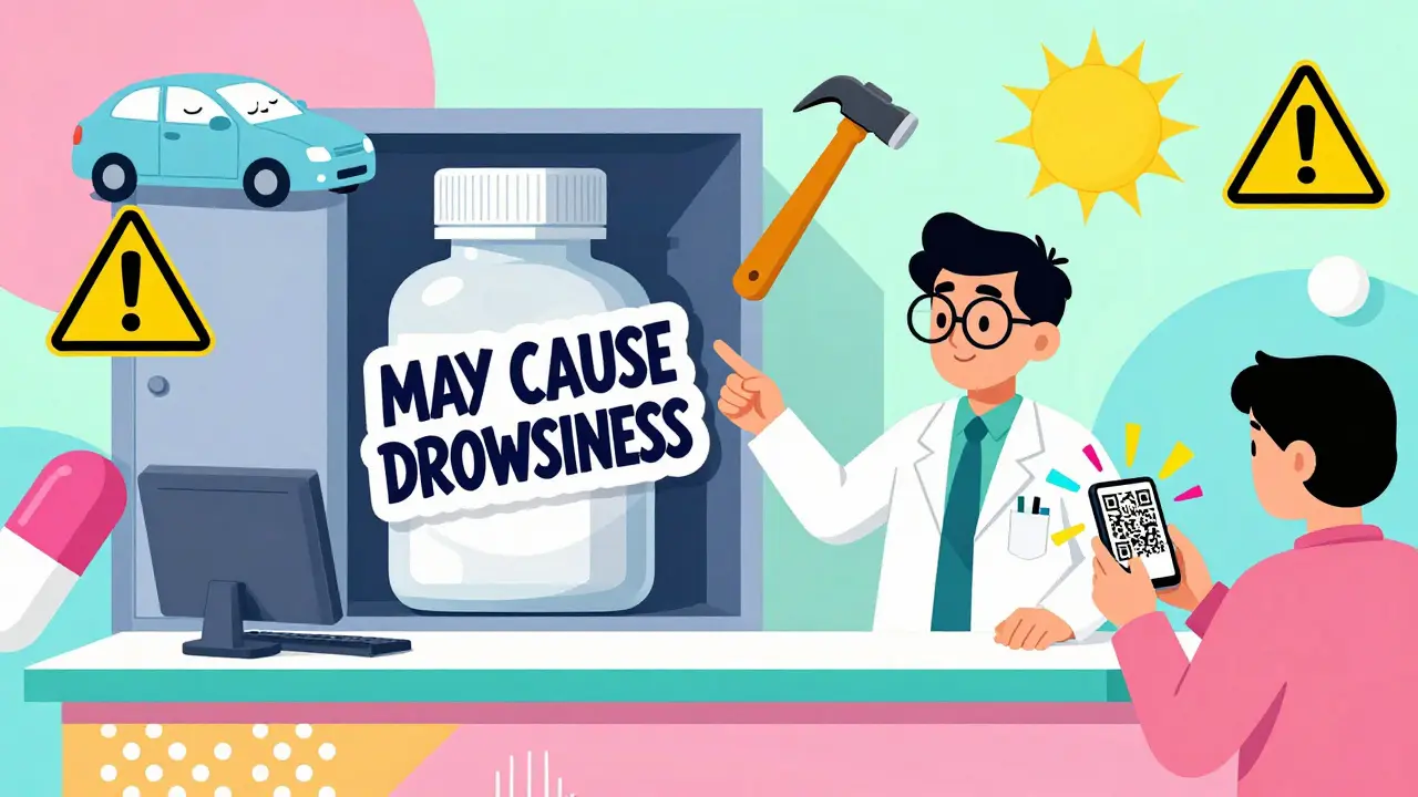 A pharmacy sticker saying 'MAY CAUSE DROWSINESS' with floating symbols of danger and a pharmacist pointing at it.