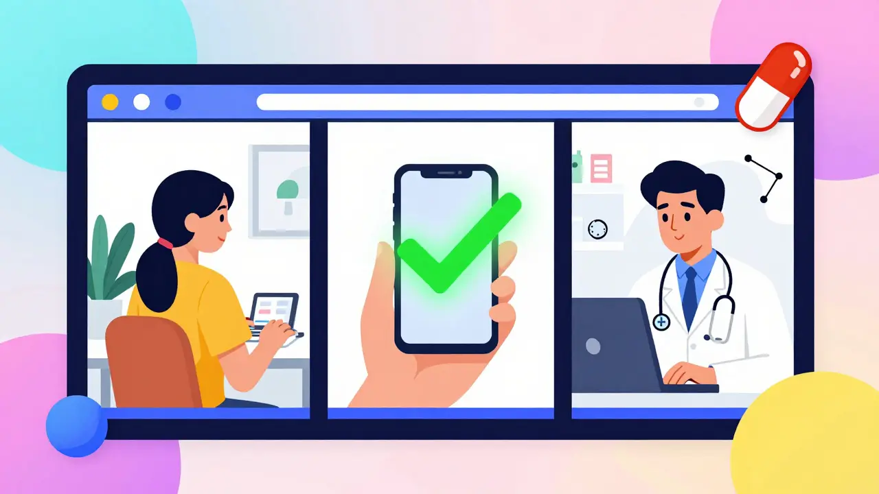 A telehealth call connecting patient, advocate, and provider with floating medication icons and a glowing checkmark.