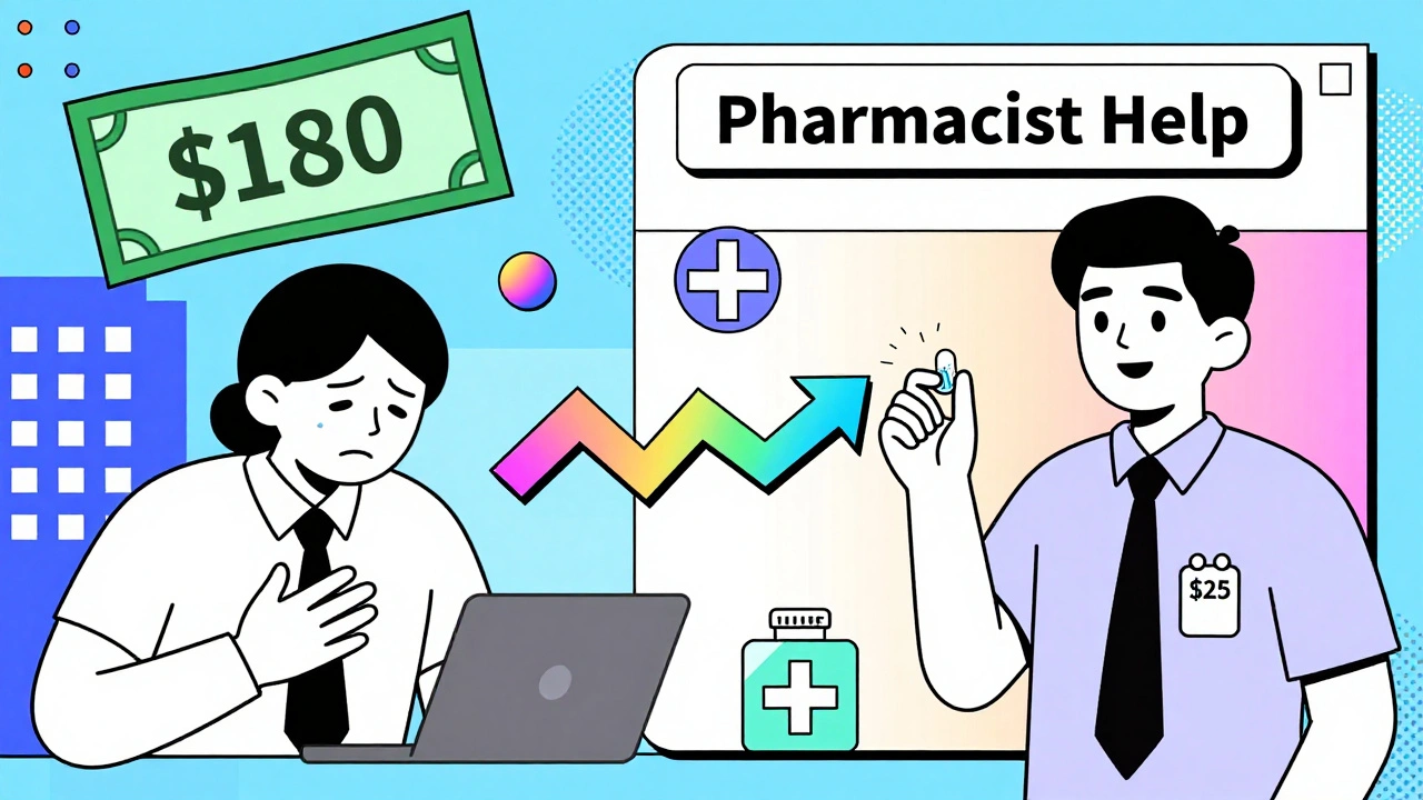 An employee transforms from stressed to happy as a colorful path leads from expensive pills to affordable generics in Memphis design.
