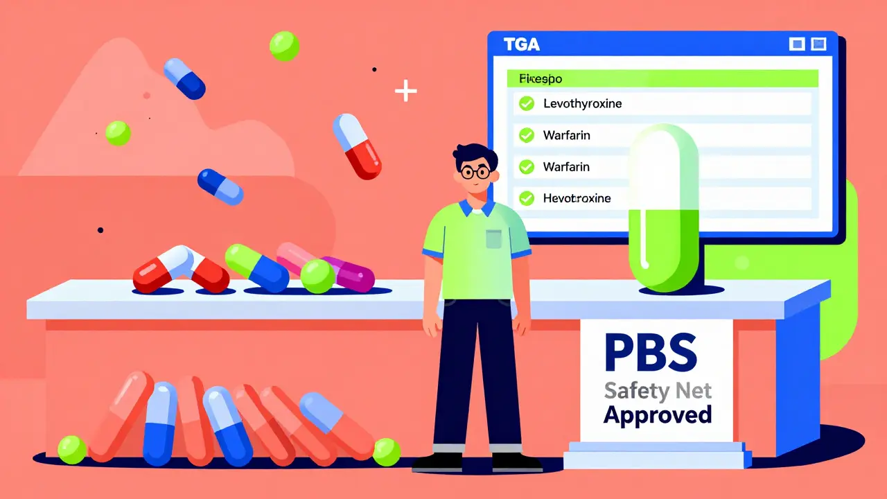 Brand pill on pedestal amid falling generics, with TGA database glowing in Memphis colors.