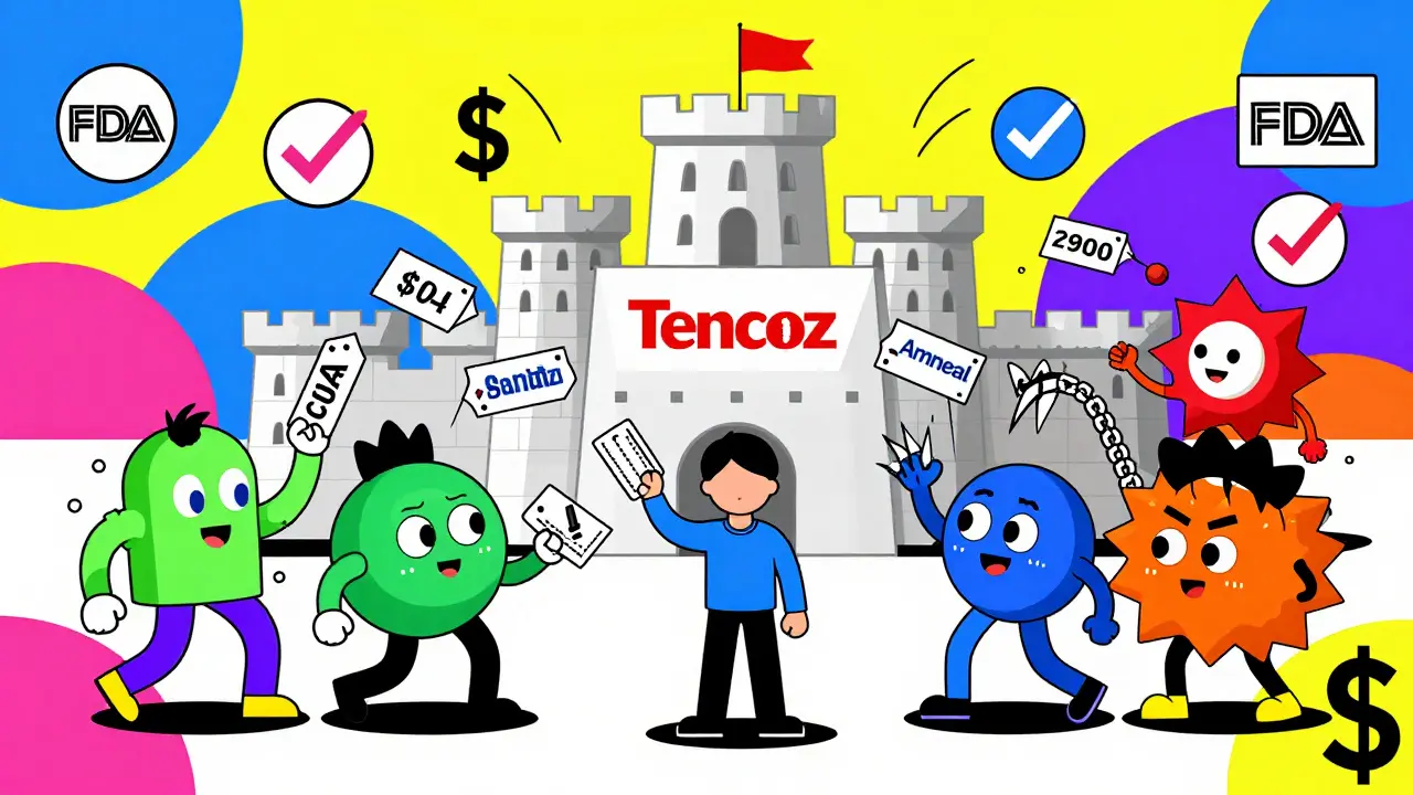 Cartoon generic drug companies in a price war battle against a brand-name pill fortress