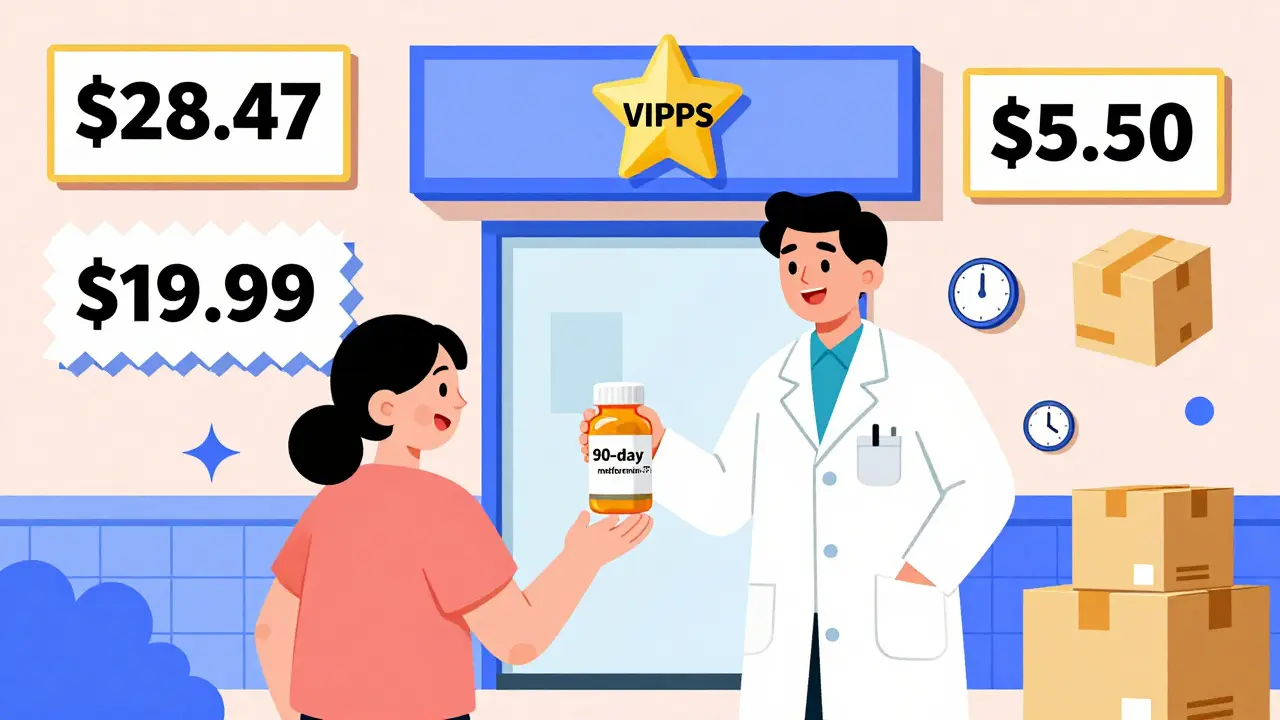 Cartoon pharmacist handing a low-cost medication bottle to a happy customer with floating price tags.