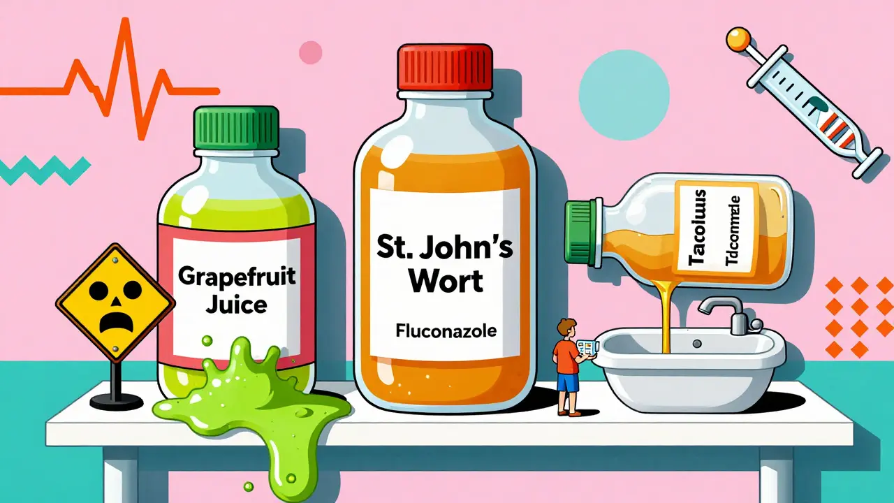 Cartoon pharmacy shelf with dangerous substances looming over a patient, dripping toxic liquid in geometric style.