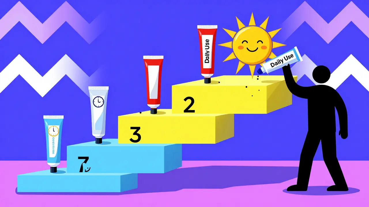 Colorful staircase showing step-down therapy from strong steroid to moisturizer