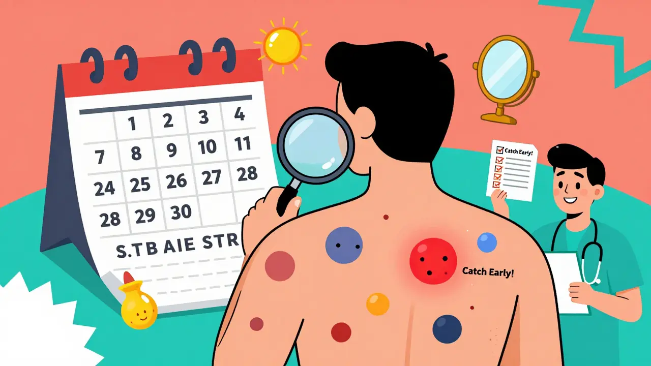 Dermatologist examining stylized skin moles with magnifying glass, calendar showing 6-month checks.