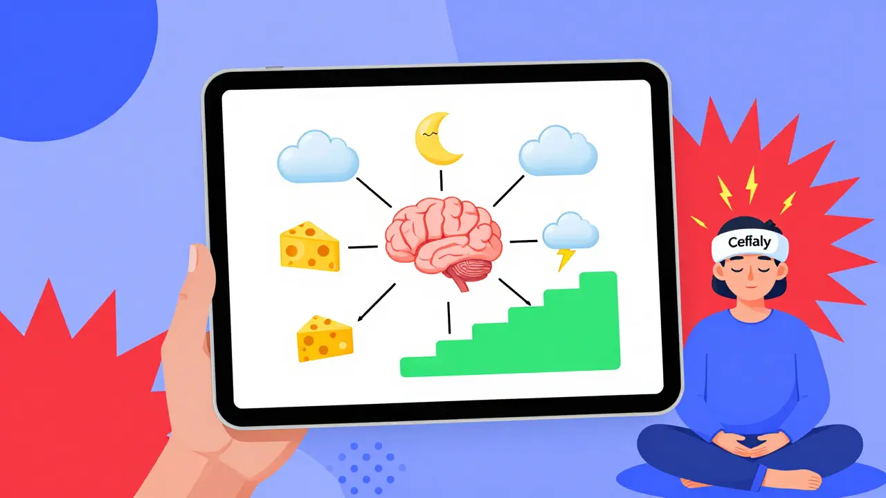 Digital headache diary with trigger icons and a brain, showing progress as a person uses a Cefaly device in colorful Memphis design.