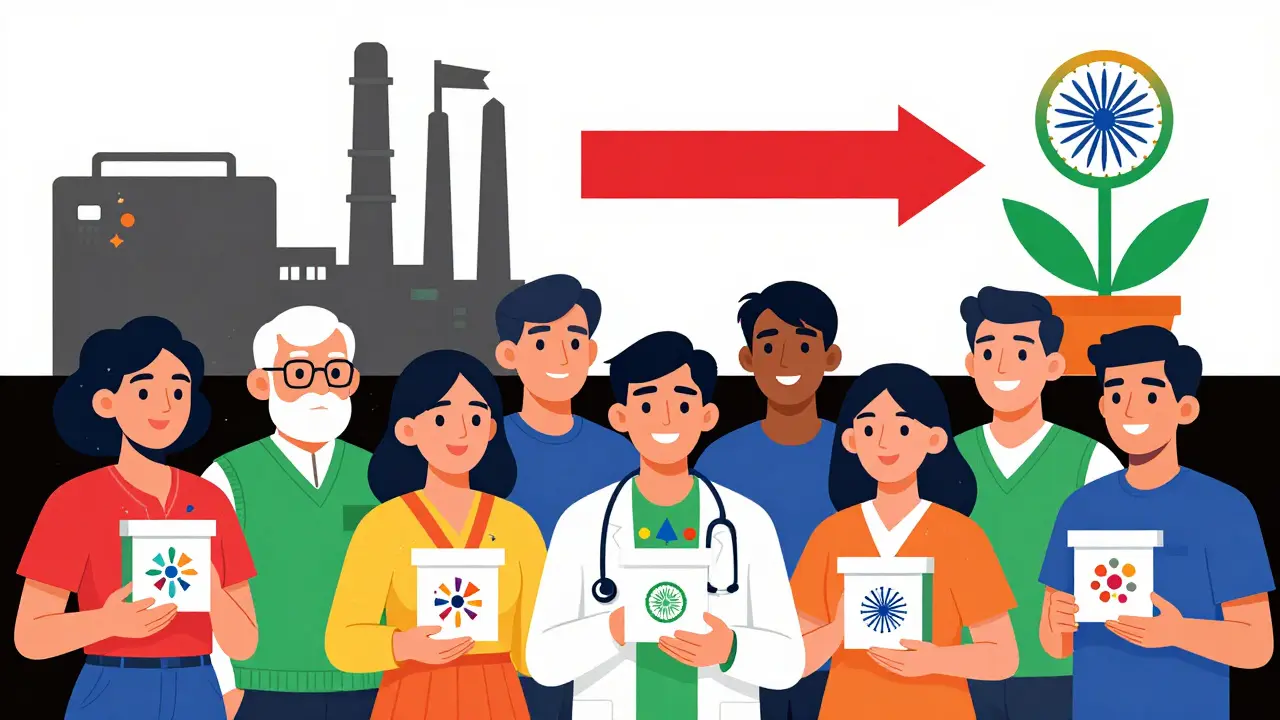 Diverse patients smiling with Indian generic medicine boxes, radiating geometric light rays.