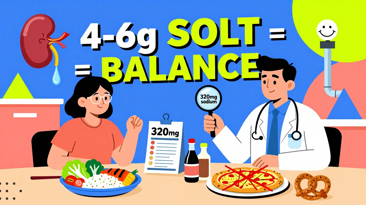 Doctor and patient at table with healthy vs. processed foods, food labels, and geometric background.