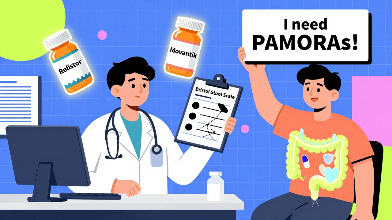 Doctor and patient in clinic with Bristol Stool Scale and glowing PAMORA prescription bottles in bold geometric design.