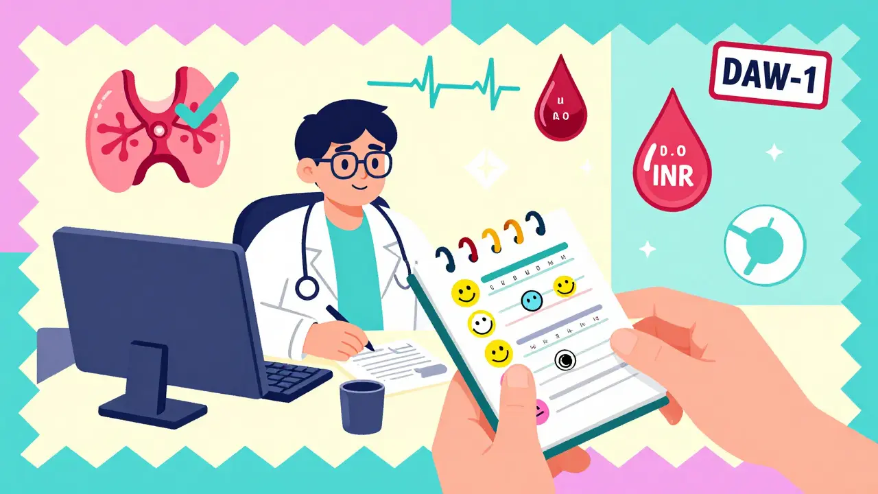 Doctor reviewing symptom journal and medical icons in vibrant geometric setting.