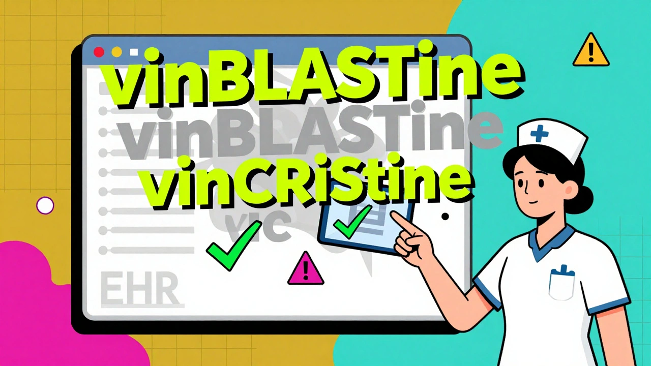EHR screen displaying vinBLAStine and vinCRIStine with highlighted uppercase sections, floating checkmarks, and abstract shapes.