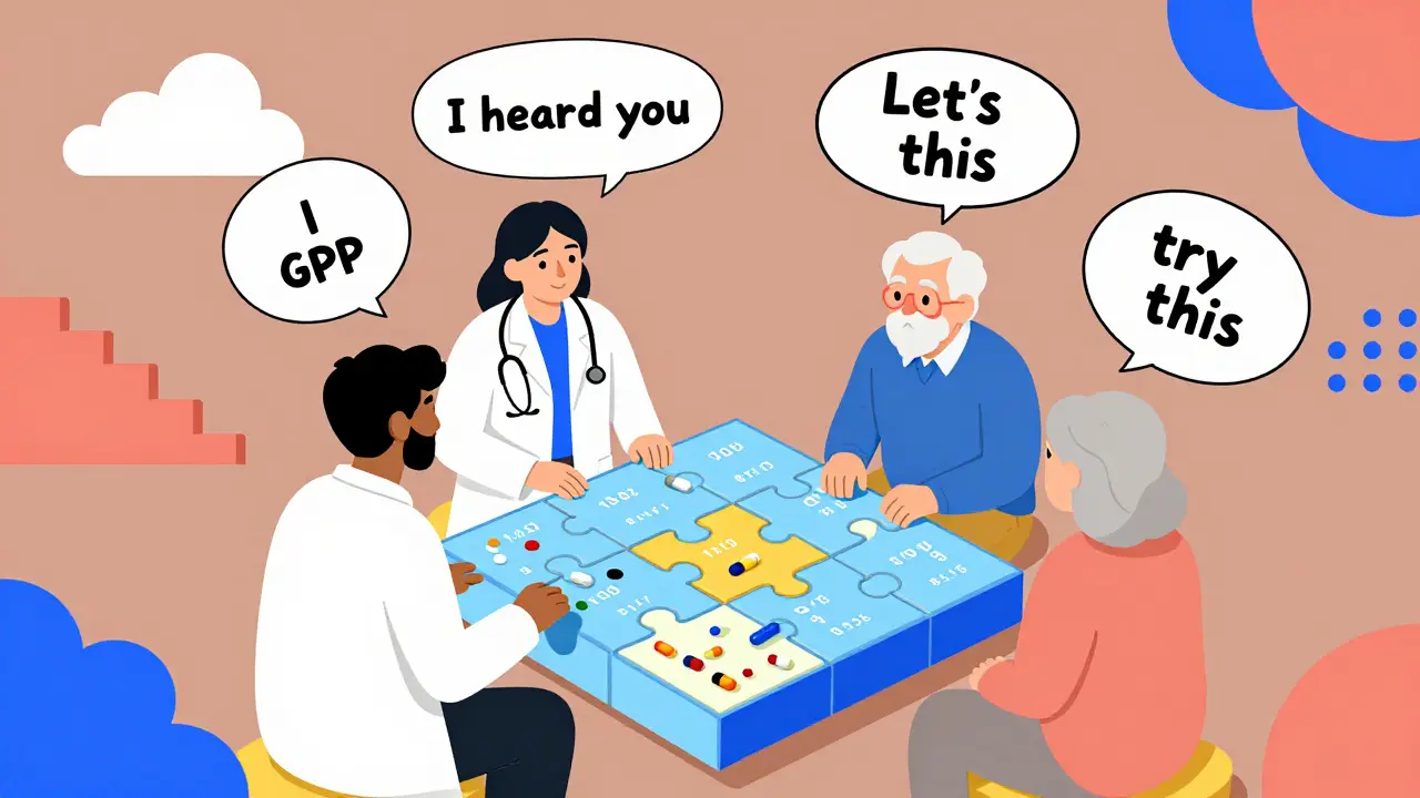 GP, pharmacist, and patient forming a circle around a puzzle-shaped pill organizer, with supportive speech bubbles and abstract Memphis patterns.