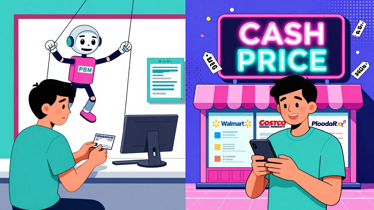 Patient comparing cash prices at pharmacies using GoodRx, with PBM puppet in background