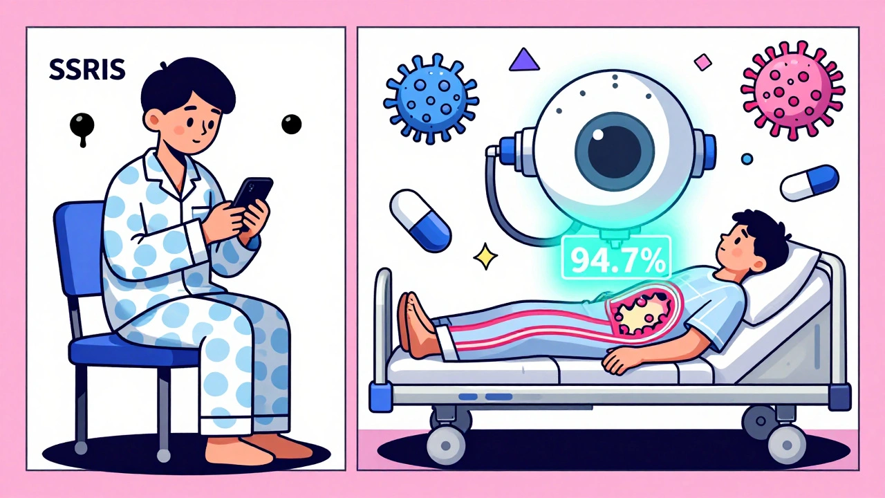 Patient ignoring symptoms vs. AI endoscopy scan with floating pills and bacteria