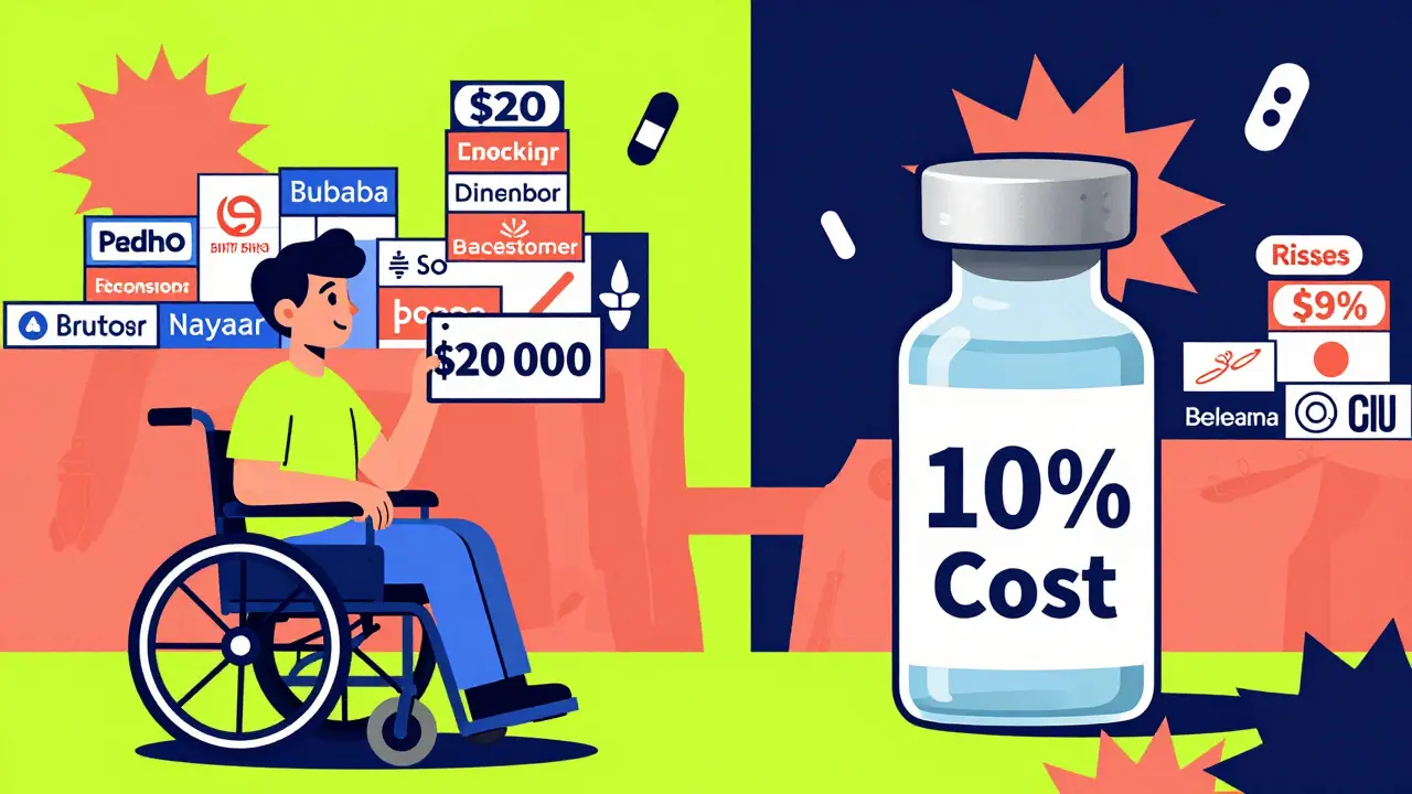 Patient on one side with high price tag, biosimilar vial on the other, separated by drug company logos in bold Memphis colors.